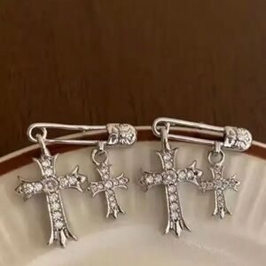 Silver Plated Gothic Double Cross Safety Pin Earrings w/ Zircon Inlay